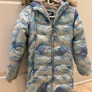 Lands' End Fur Hooded Jacket in Blue and Cream